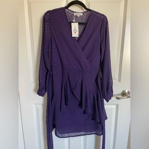 Women’s small ruffle belted knee length dotted dress. New with Tags